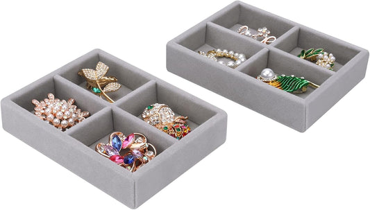 DesignSter Small Jewelry Tray, 2PCS Ring Organizer, Velvet Jewelry Display Tray, Stackable Jewelry Organizer Trays, Jewelry Drawer Organizer Inserts For Dresser, Jewelry Box (Gray)