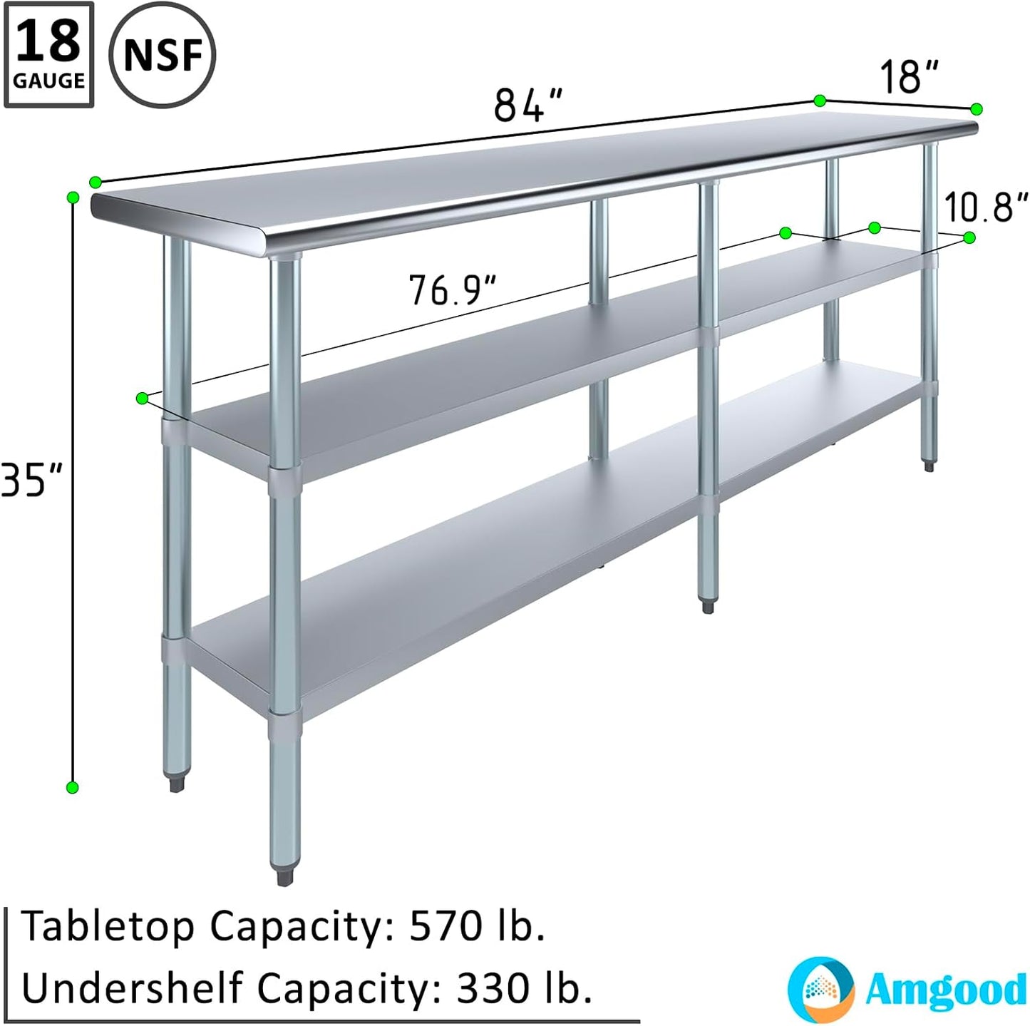 AmGood Stainless Steel Work Table with 2 Shelves | NSF | Metal Utility Table (84" Long x 18" Deep)