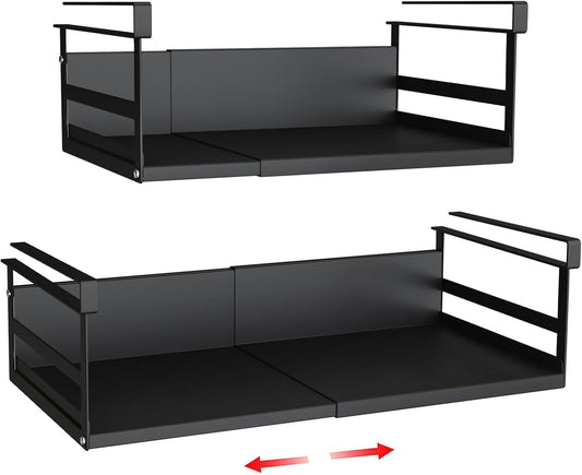 Expandable Under Cabinet Shelf Organizer with 0.94-Inch Thick Clips, Heavy Duty Extendable Under Shelf Storage Basket for Pantry or Laundry Room, Black, 2 Pack, Interior: 4.13" H x 8.54" D