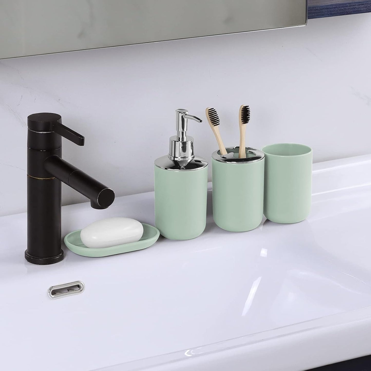 IMAVO Bathroom Accessories Set,Green Bathroom Set,9 Pieces Bathroom Accessory Set,Tray,Qtip Holders,Toilet Brush,Trash Can for Bathroom Décor and Home Gifts