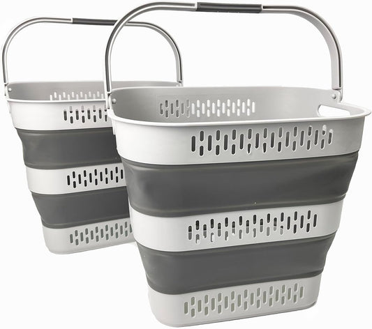 SAMMART 40L (10.5 Gallon) Collapsible Plastic Laundry Basket with Handles - Foldable Pop Up Storage Container/Organizer - Portable Laundry Hamper - Space Saving (2, Grey)