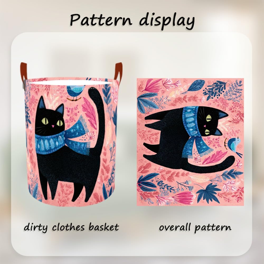 Laundry Baskets 15.7x19.7 Inch Large Black Cat Bird Floral Scarf Design Collapsible Laundry Hamper with Handles Oxford Fabric Clothes Storage Bin Foldable Dirty Clothes for Bedroom Bathroom Dorm