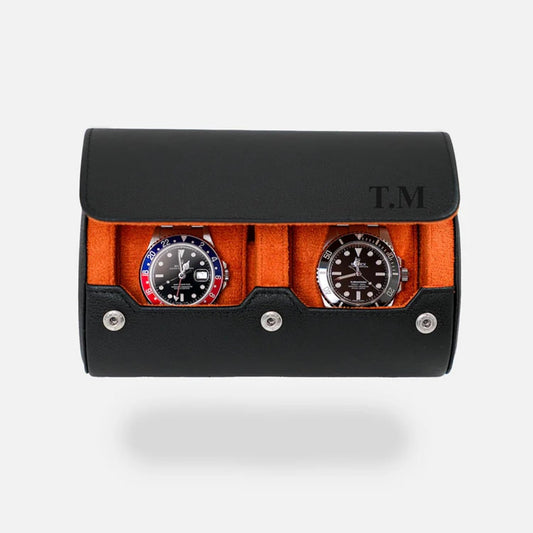 DailyWatch | Personalized Watch Roll Travel Case For 2 Watches - Handmade Genuine Leather Travel Case With Custom Engraving of Name or Initials - Black Orange