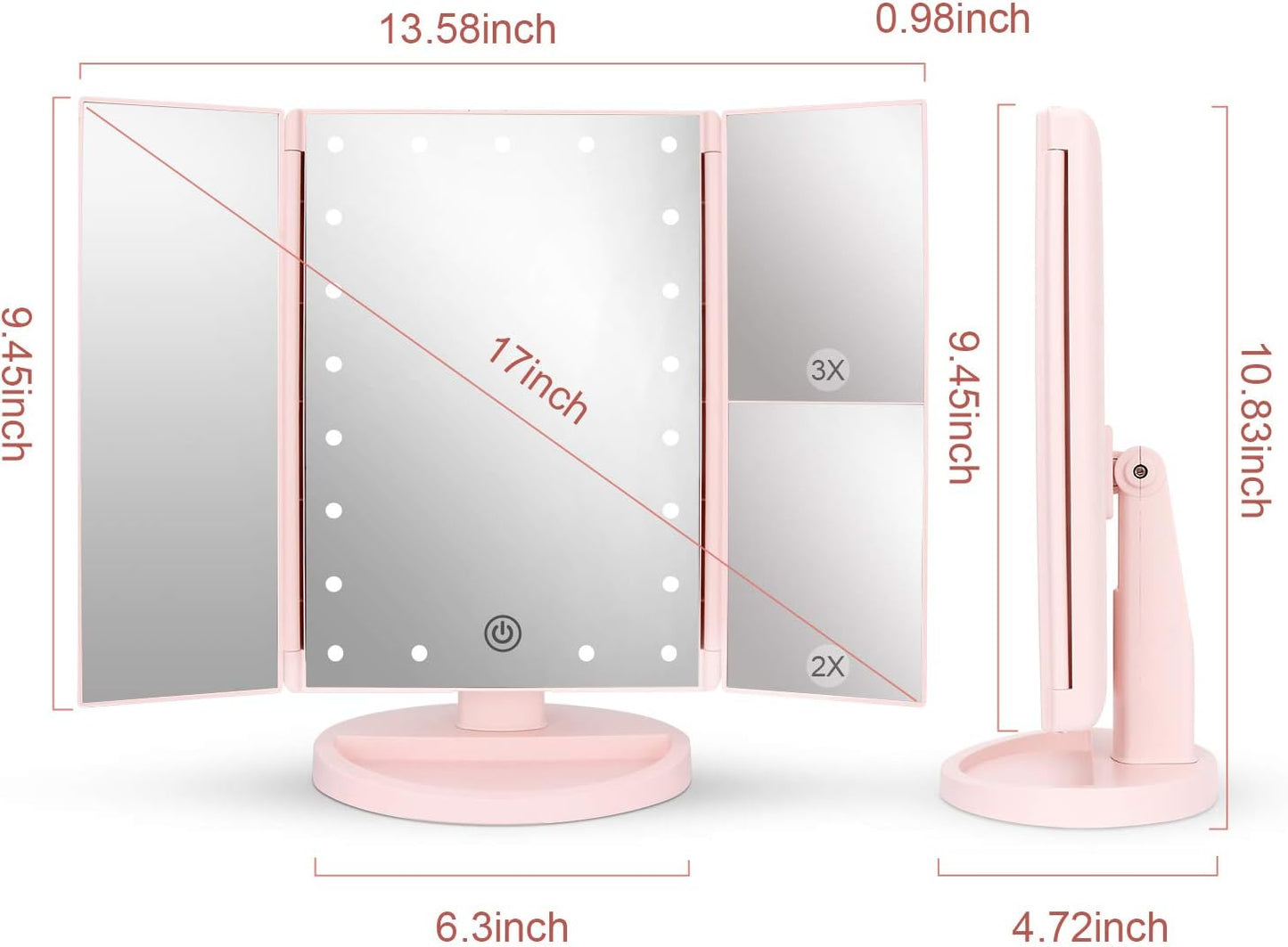 deweisn Tabletop Mount Tri-Fold Lighted Vanity Mirror with 21 LED Lights, Touch Screen and 3X/2X/1X Magnification, Two Power Supply Modes Make Up Mirror,Travel Mirror