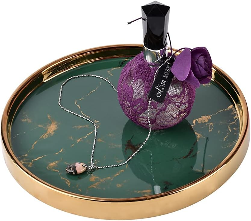 Makeup Perfume Organizer Round Bathroom Vanity Tray Decorative Dresser Tray Countertop Organizer Tray for Cosmetics,Green