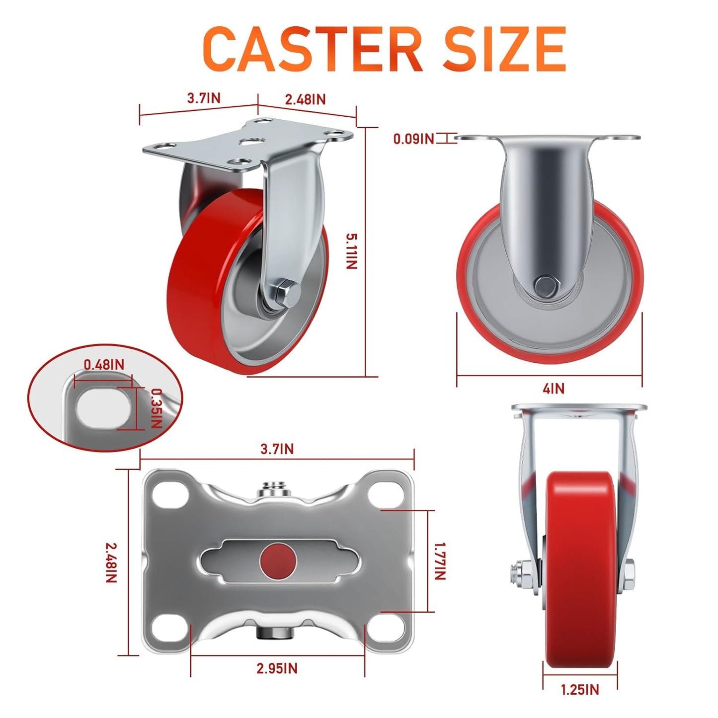 4 Inch Caster,Heavy Duty Caster Wheels Set of 4,Load 2000 Lbs,Polyurethane Steel Wheels,Swivel Wheels with Brake for Trolleys,Warehouse Cargo Handling,Workbench Moving(2Brake&2Rigid)