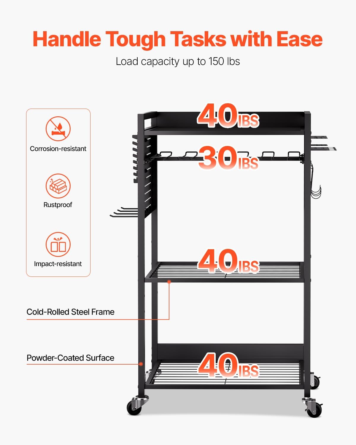 VEVOR 4-Tier Tool Organizer Cart, 150 lbs Load Capacity, Floor Stand Rolling Drill Holder and Stability Storage Rack, Heavy Duty Garage Floor Rolling Storage Cart for Workshop, Garage, Black