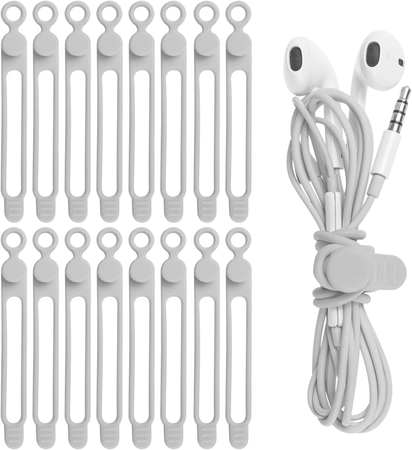 Nearockle 16Pcs Silicone Cable Straps Wire Organizer for Bundling Earphone, Phone Charger, Computer Cords, Reusable Cable Ties Cord Organizer in Home,Office,Kitchen,School(Grey)