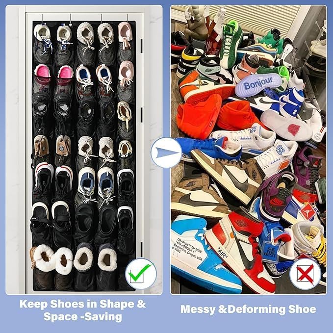 28 Mesh Pockets Hanging Shoe Organizer, Over the Door Shoe Organizer，Closet Storage Holder for Back of Door Storage Holder for Back of Door(Grey)