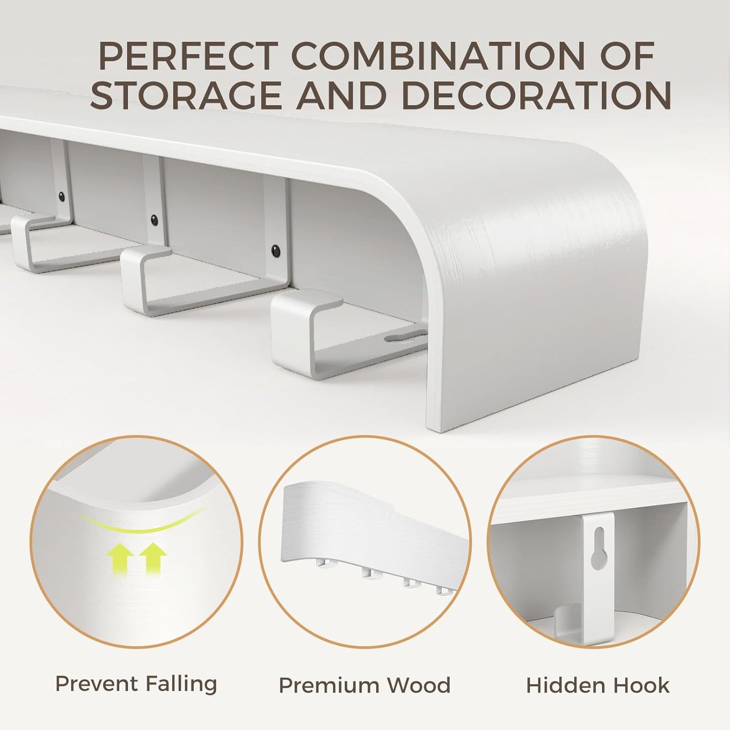 Wall Coat Rack Floating Shelves Modern Coat Rack Wall Mount with Storage Entryway Shelf Wooden Hanger 20 Inch 4 Hidden Metal Hooks for Living Room Bedroom (White, 4 Hooks)
