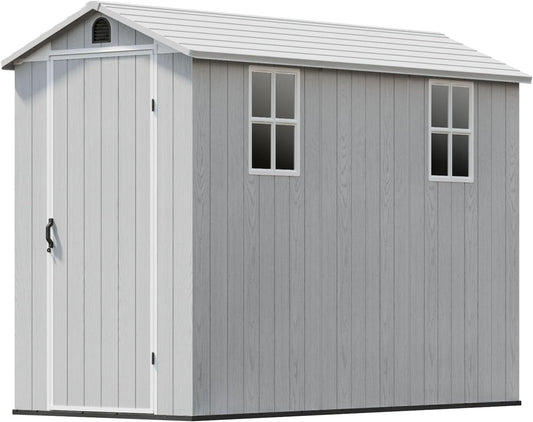 Patiowell 4x8 FT Outdoor Storage Shed with Floor & 2 Windows, Large Plastic Garden Shed with Lockable Door for Backyard, Patio, and Lawn, White (Fit-it Shed)
