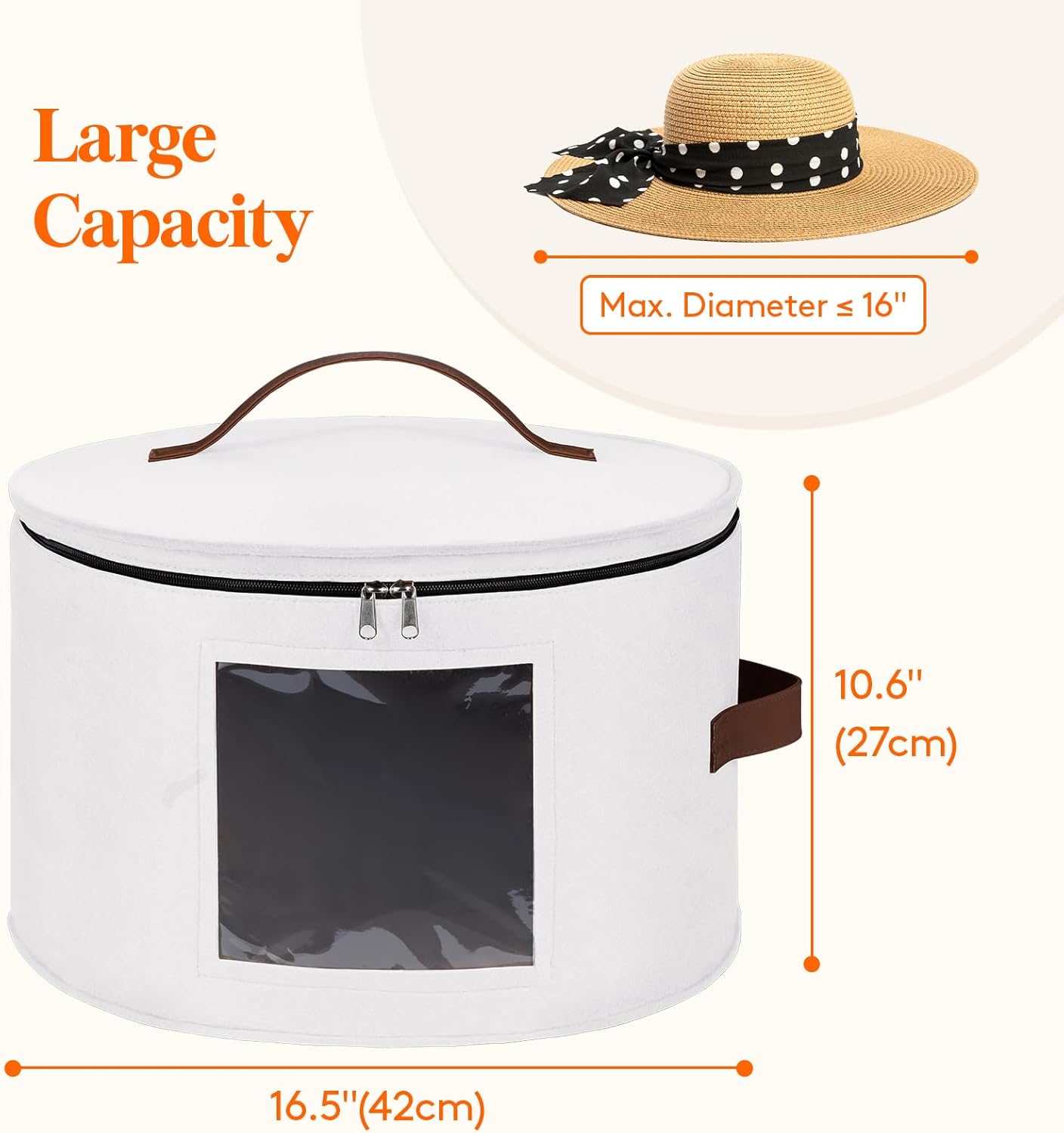 Lifewit Round Cowboy Hat Box for 7 Caps, Large Felt Hat Organizer Bag for Men & Women Storage, Baseball Cap Container with Dustproof Lid for Travel, Foldable 16.5" D x 10.6" H Carrier, White