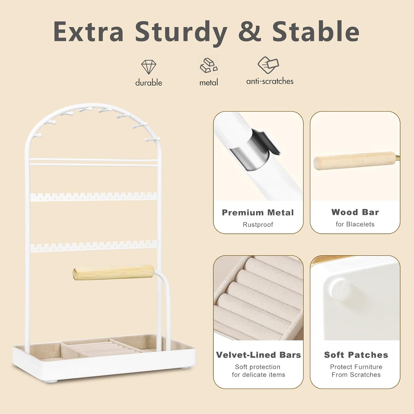 Multi-Functional Jewelry Holder Organizer Necklace Display Stand Velvet Lined Bar for Rings 2 Tier with 18 Hooks, 32 Earring Holes - Sturdy and Durable, Easy Organization White