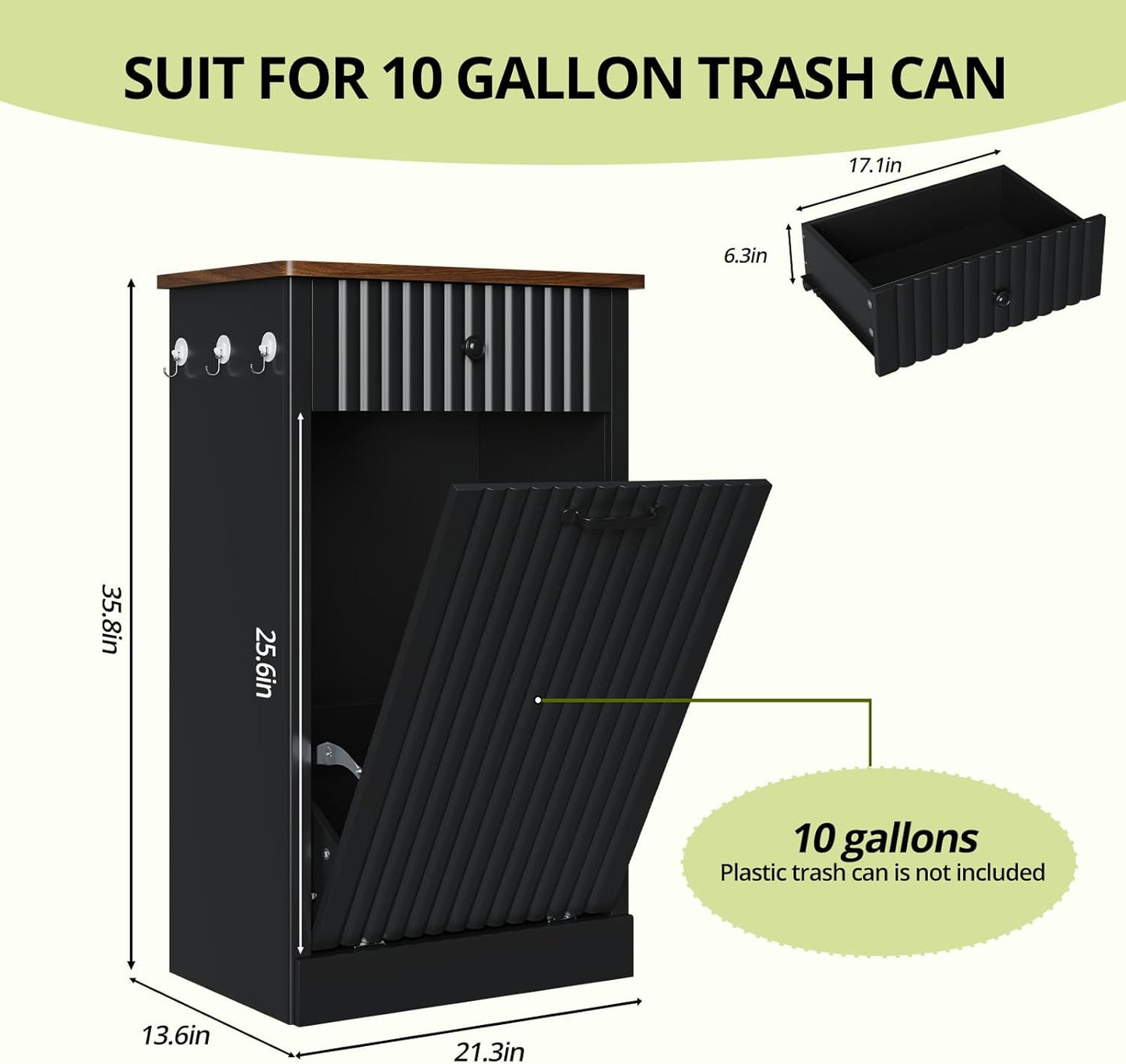 Tilt Out Trash Can Cabinet, 10 Gallon Fluted Laundry Hamper Cabinet with Drawers, Freestanding Wooden Hidden Garbage Can Cabinets for Kitchen, Living Room, Without Trash Bin or Laundry Hamper, Black