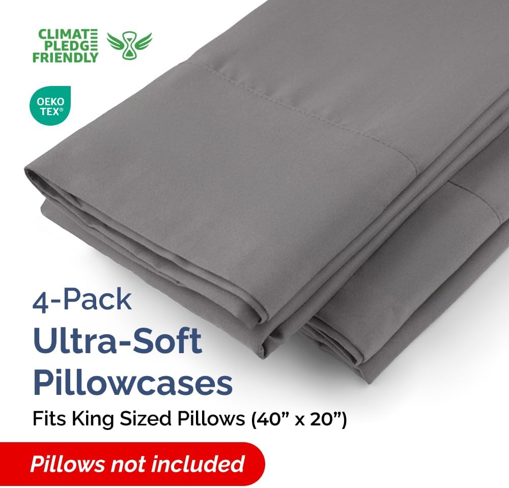 King Pillow Cases - 4 Pack - Super Soft Pillowcase Covers - Envelope Enclosure - Hotel Quality Pillow Protectors - Wrinkle Free, Shrink and Stain Resistant - Machine Washable - 20" x 40" (Dark Grey)