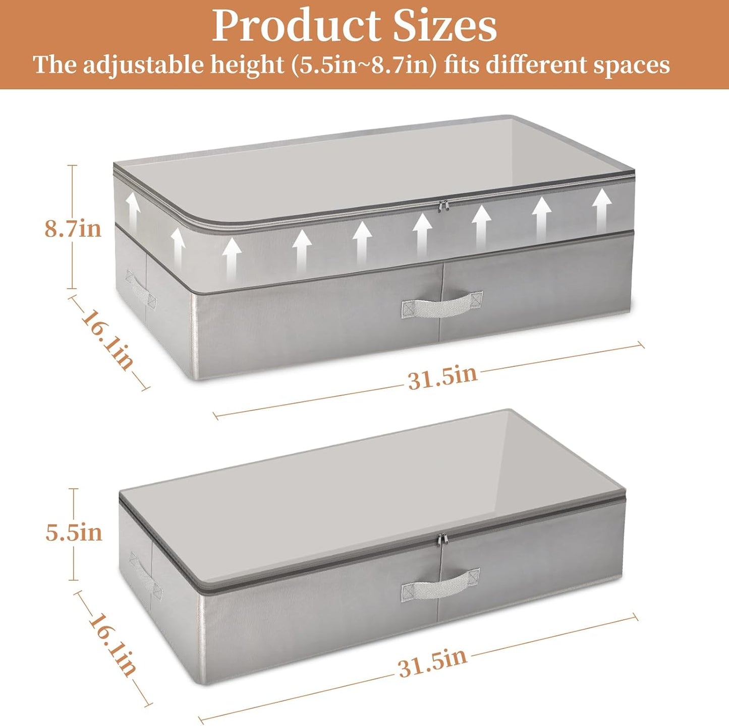 2 Pack 80L Under Bed Storage, Adjustable Height Large Storage Bins With Lids Handles Label Holder, Underbed Storage Containers for Blanket Clothes Shoes Bedroom Closet, Grey