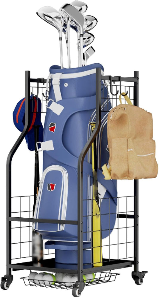 Golf Organizer for Garage, 3 Bag Golf Bag Holder Stand with Shelves & Club Rack, Multi-Functional Adjustable Golf Equipment Storage System