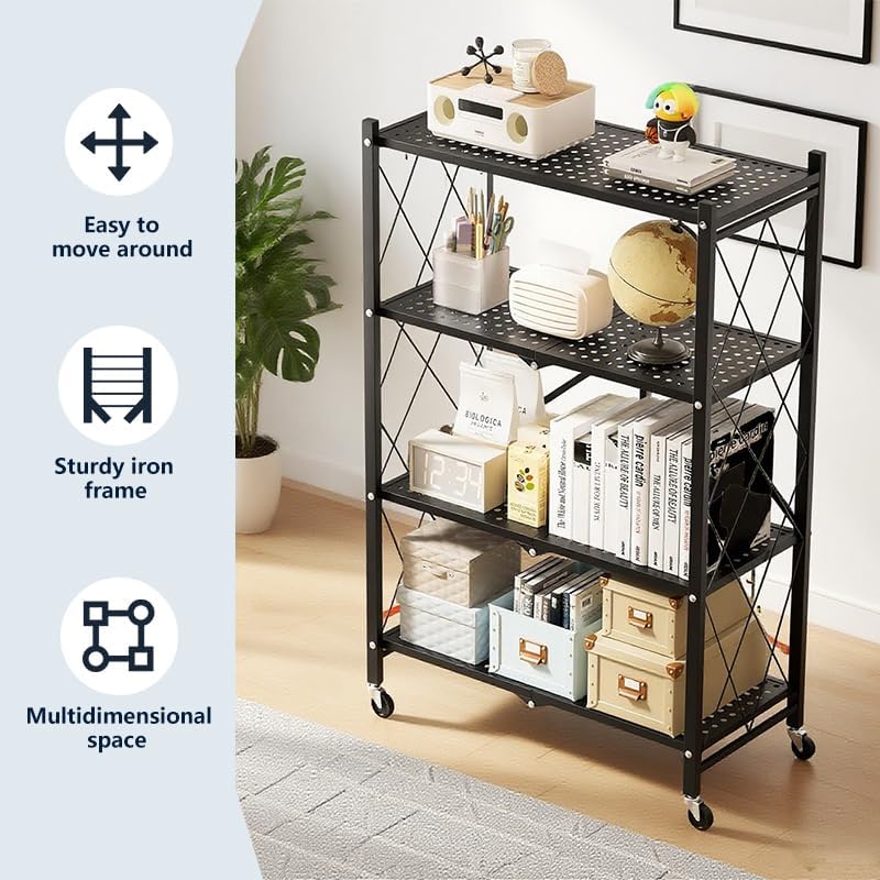 Foldable 4-Tier Metal Storage Shelf with Locking Wheels, Pre-Assembled Rolling Rack for Easy Setup, Space-Saving Organizer for Kitchen, Pantry, and Closet, 28.54" L x 14.17" W x 46.06" H