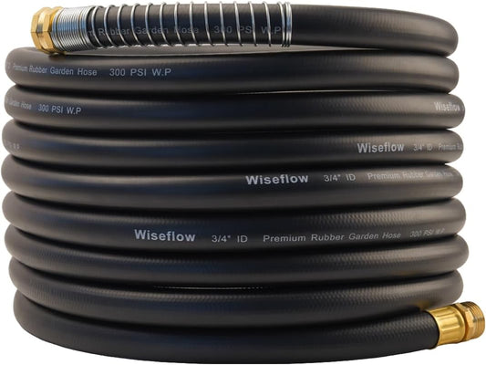 WiseFlow Garden Hose 25FT x 3/4", Heavy Duty Rubber Hose, Water Hose with Five Layered Braiding, Male Female Fittings, 1000PSI Burst, 300PSI Working (Black)