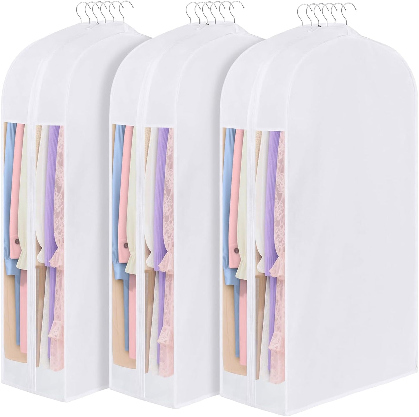 Kntiwiwo 43" Cotton Garment Bag for Hanging Clothes and Storage, Breathable Suit Bags for Closet Storage with 10" Gusseted & Large Clear Window for Suits, Short Dresses, Jackets, Sweaters, 3 Pack