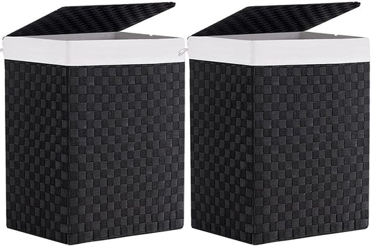 Foldable Laundry Hamper Basket with Lid by Fiona's magic, Handwoven 96L Large Clothes Hamper with Removable Liner Bags, Collapsible Tall Hamper for Bedroom, Bathroom and Dorm Organizer, 2Pack, Black