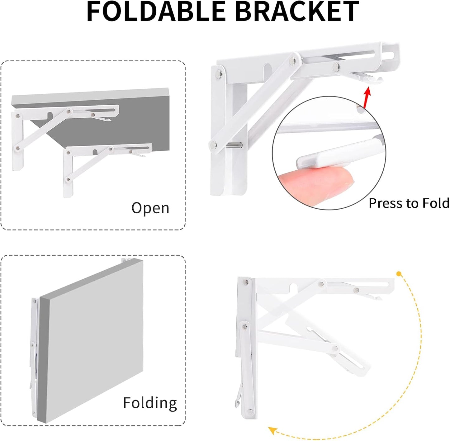 YUMORE Folding Shelf Brackets, 8 Inch Heavy Duty Collapsible Shelf Bracket, DIY L Bracket for Workbench Folding Table Hinge, Max Load: 300lb, White, 2 Pack