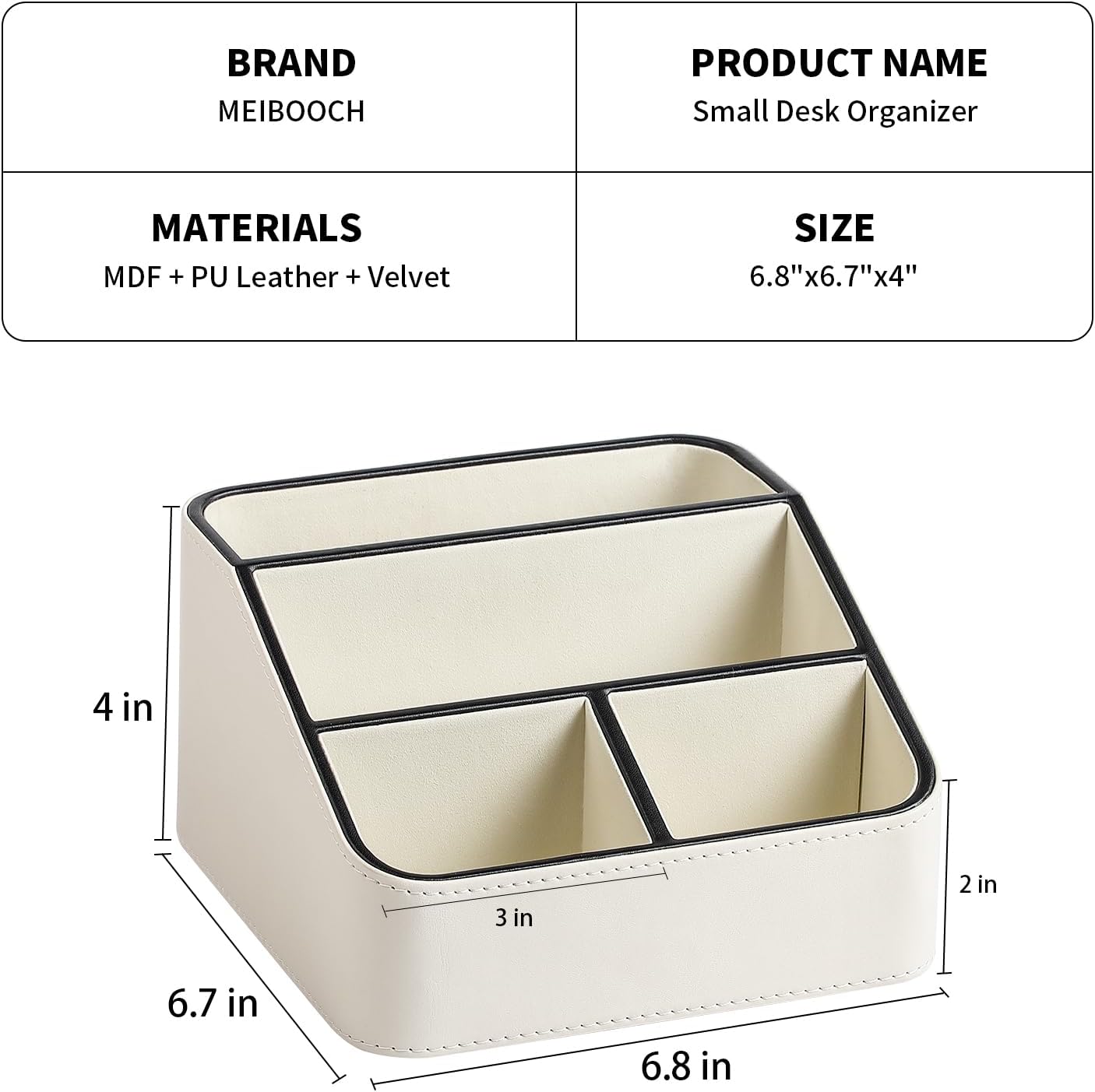 Remote Control Holder, PU Leather Small Desk Organizer with 4 Compartments, Nightstand Organizer Desk Caddy for Remote, Notepad, Phone, Glasses, and Accessories (Cream)