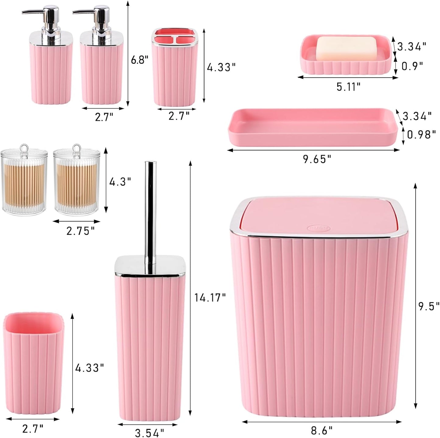 Pink Bathroom Accessories Set - Gorgeous Bathroom Set, 10PC Bathroom Accessory Set, Toilet Brush, Trash Can, Qtip Holder Dispenser & Soap Dispenser