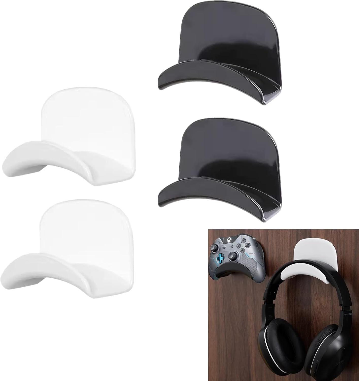 4 Pcs Black & White Gaming Headphone Stand and Headset Hook, Removable Headphone Wall Mount Hanger Stick-On Under-Desk Clip, Self-Adhesive Organizer for Sennheiser Sony Bose Beats AKG Audio-Technica