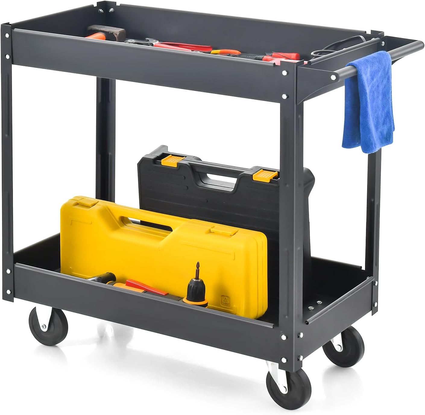 Goplus 2-Tier Utility Cart, Heavy Duty Commercial Service Tool Cart w/Handle, 550 lbs Max Support, Rolling Mechanic Metal Tool Cart Storage Organizer for Home, Garage, Warehouse