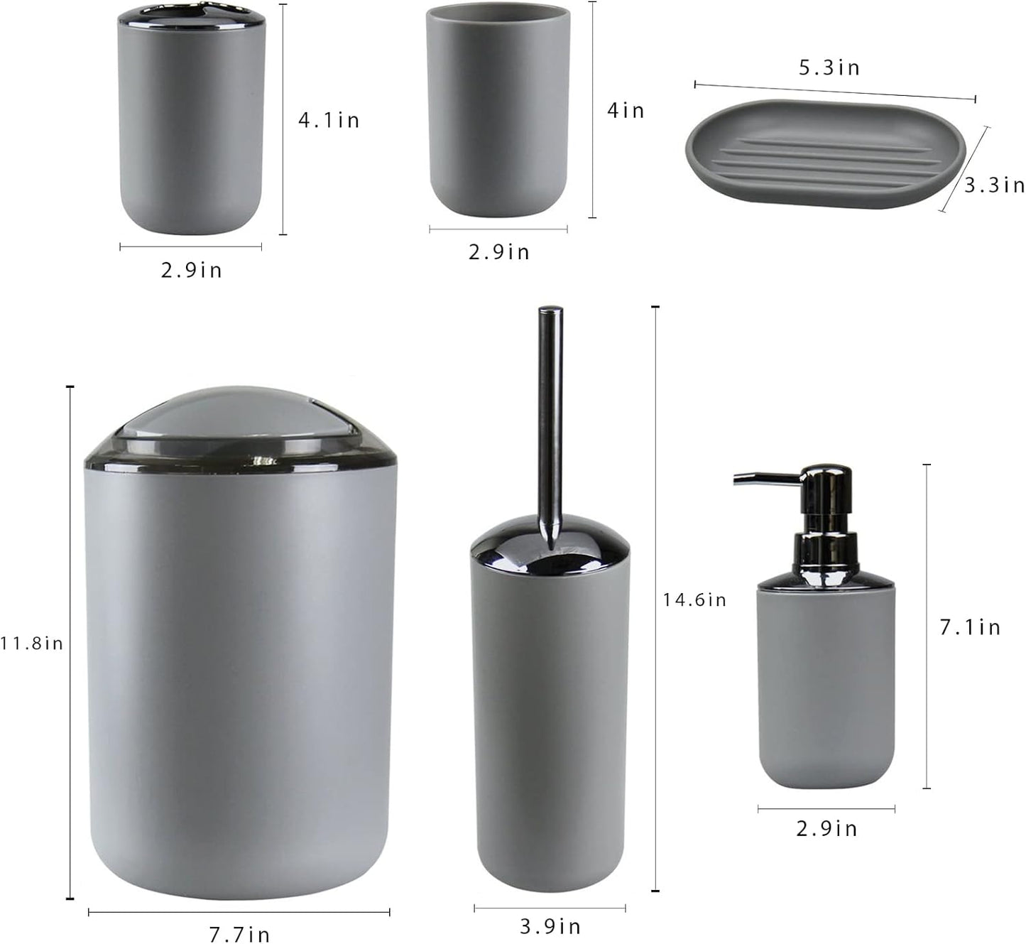 IMAVO Bathroom Accessories Set,Grey Bathroom Set,7 Pieces Bathroom Accessory Set,Tray,Toilet Brush,Trash Can for Bathroom Décor and Housewarming Gifts