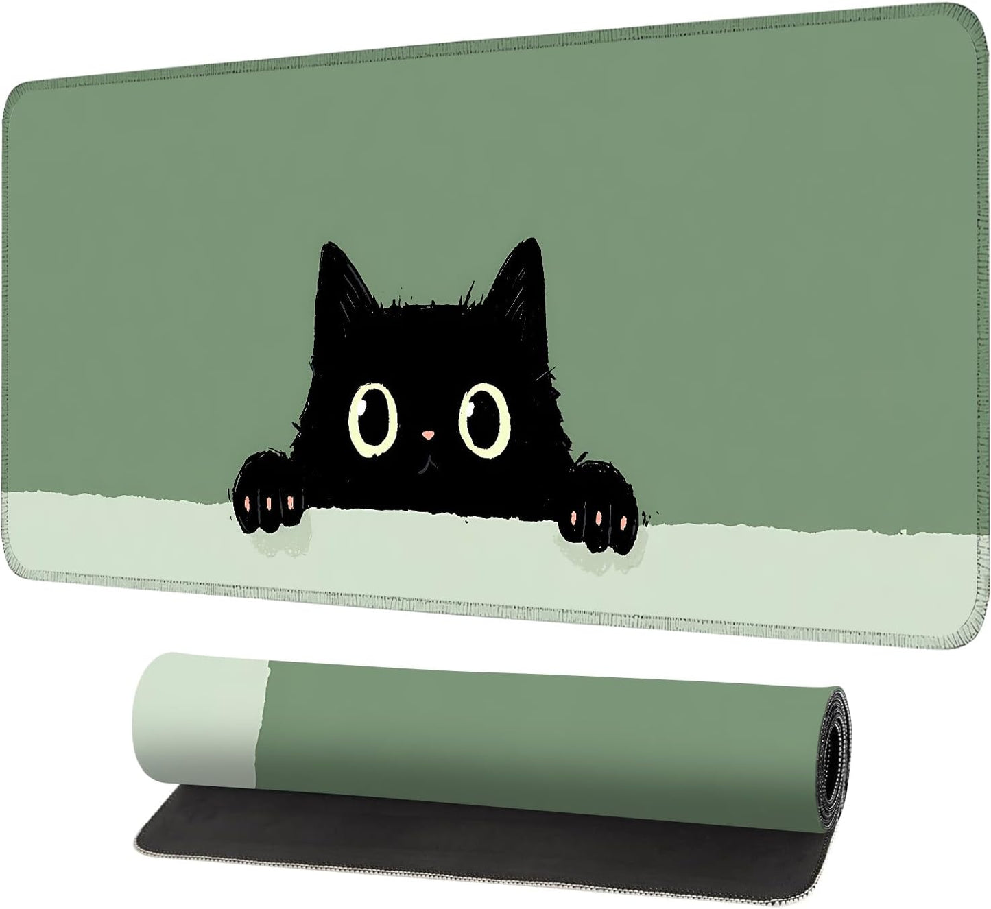 Cute Black Cat Large Mouse Pad – Extended Desk Mat 31.5 x 11.8 in– Kawaii Kitty Peeking Over Edge, Green Background, Non-Slip Rubber Base, Waterproof Keyboard & Mouse Pad for Office or Gaming