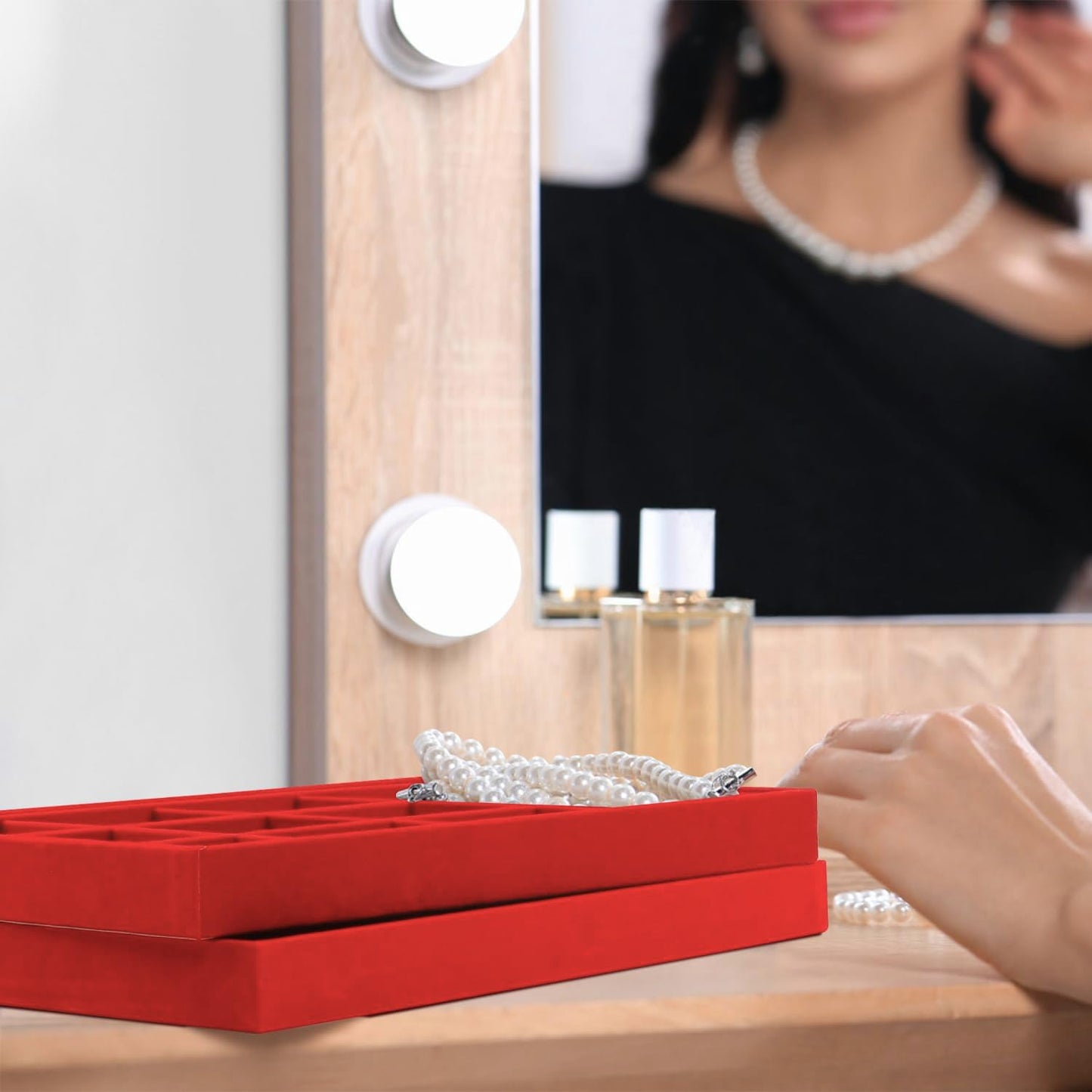 Lainrrew Jewelry Tray, 4 Pack Jewelry Organizer Velvet Jewelry Tray Stackable Jewelry Trays, Necklace & Earring Holder, Divided Bracelet & Ring Storage, 13.8"x9.5"x1.2" - Elegant Display Case (Red)