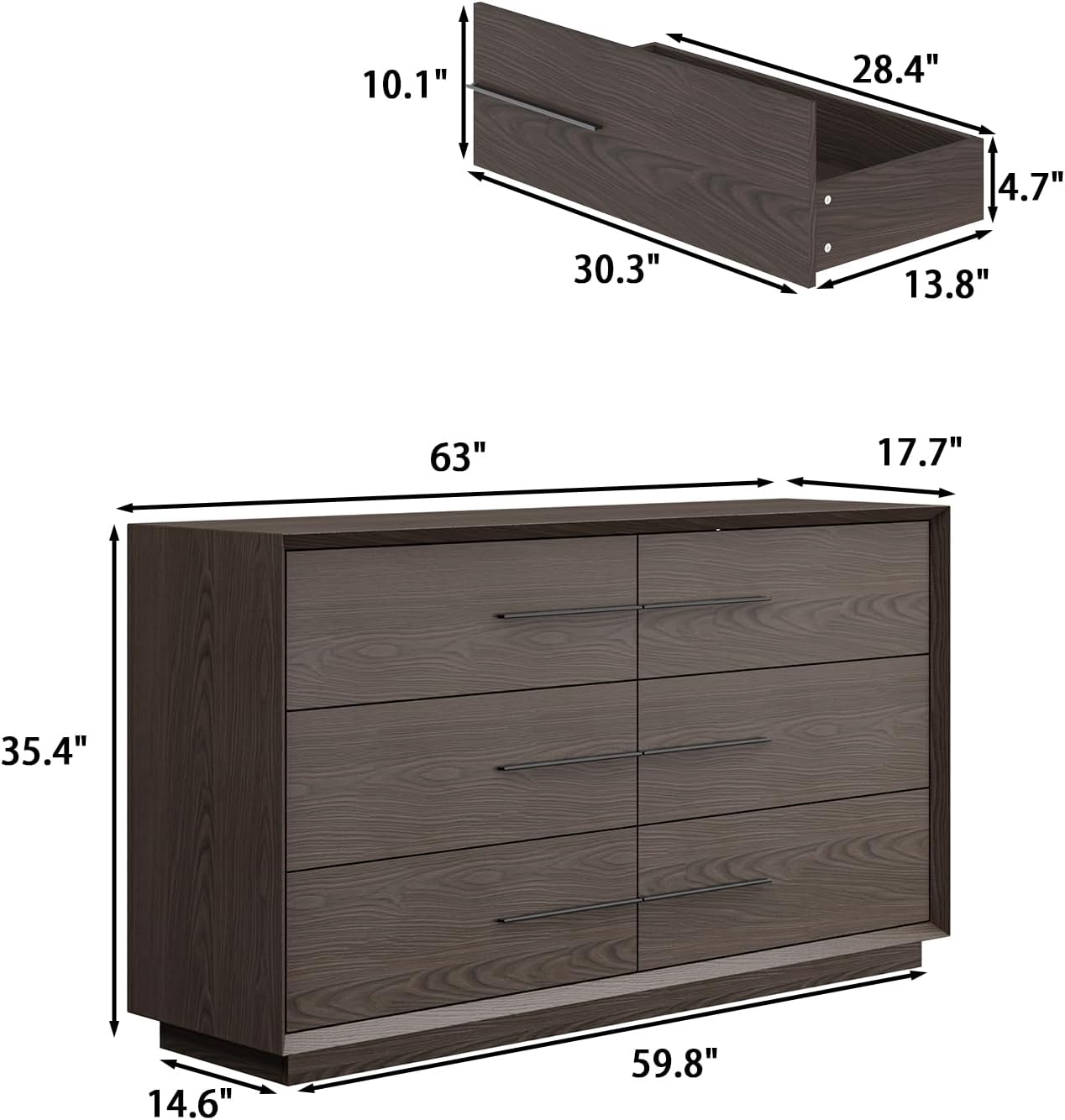 Bedside Table with 6 Drawers, Modern Side Table, Wide Nightstand, Wooden Bed Side Tables, Wood Grain Floor Storage Organizer with Metal Handles for Sofa Couch Bedroom, Dark Brown
