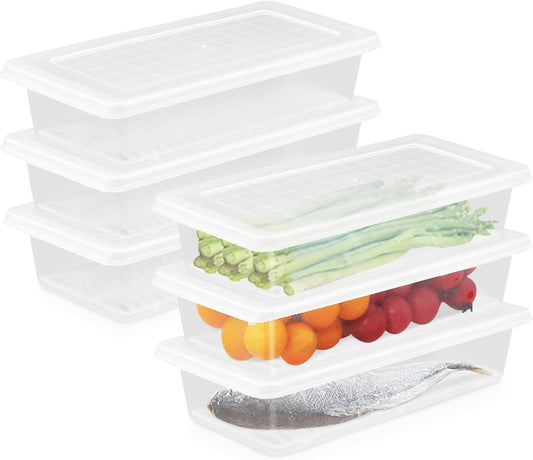 Nsmykhg Food Storage Containers, 6 Pack Fridge Organizer Case with Removable Drain Plate, Produce Containers to Keep Fruits, Vegetables, Meat, Fish Fresh and Dry