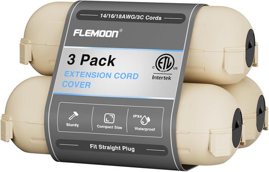 Flemoon [3 Pack] Outdoor Extension Cord Cover Waterproof, Weatherproof Electrical Connection Box for Straight Plug, Outlet, Socket, Halloween, Christmas Holiday Decoration String Light, Almond