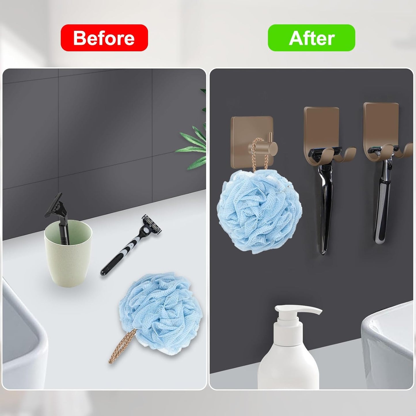 CGBE 4 Pack Shower Hooks - Self Adhesive Shaver Holder Hanger for Bathroom, Damage Free Wall Hooks for Razor, Loofah Sponge - Brown