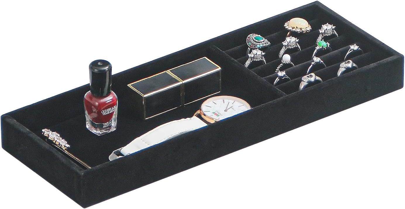 Divided Drawer Organizer - Velvet Jewelry Storage Tray for Necklace, Bracelet, Ring, Earring Display - Bedside Nightstand Desk Holder for Phone, Watch, Sunglasses, Cosmetics Storage - Black, 2 Grid
