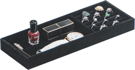 Divided Drawer Organizer - Velvet Jewelry Storage Tray for Necklace, Bracelet, Ring, Earring Display - Bedside Nightstand Desk Holder for Phone, Watch, Sunglasses, Cosmetics Storage - Black, 2 Grid