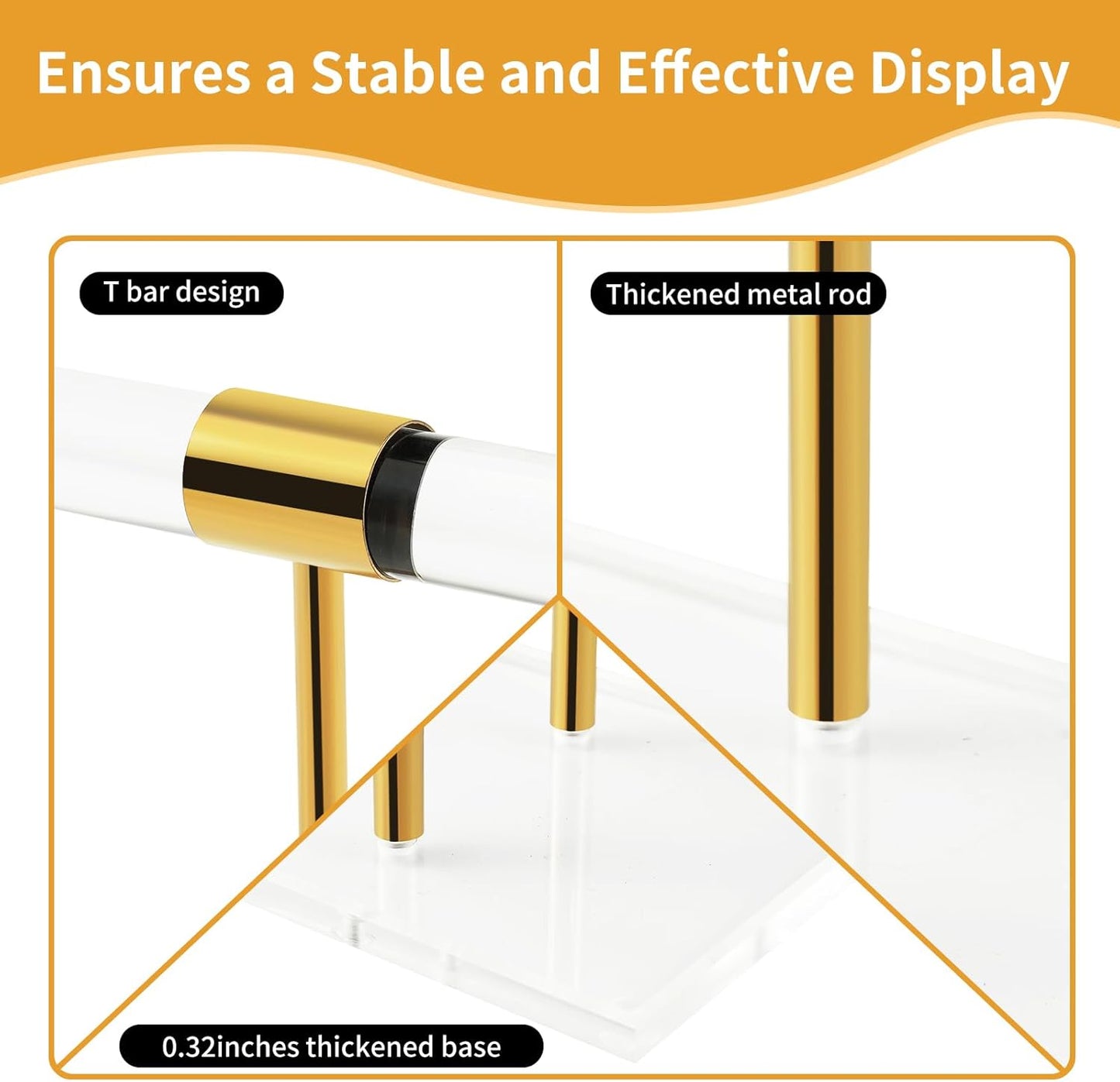 T-Bar Tangle-free Necklace and Jewelry Display Stands, 3-Tier Acrylic Bracelet Holder Stand, Clear Gold Jewelry Organizer with Stainless Rod, Women Vendors Retail Store Counter Bangles Display Stand