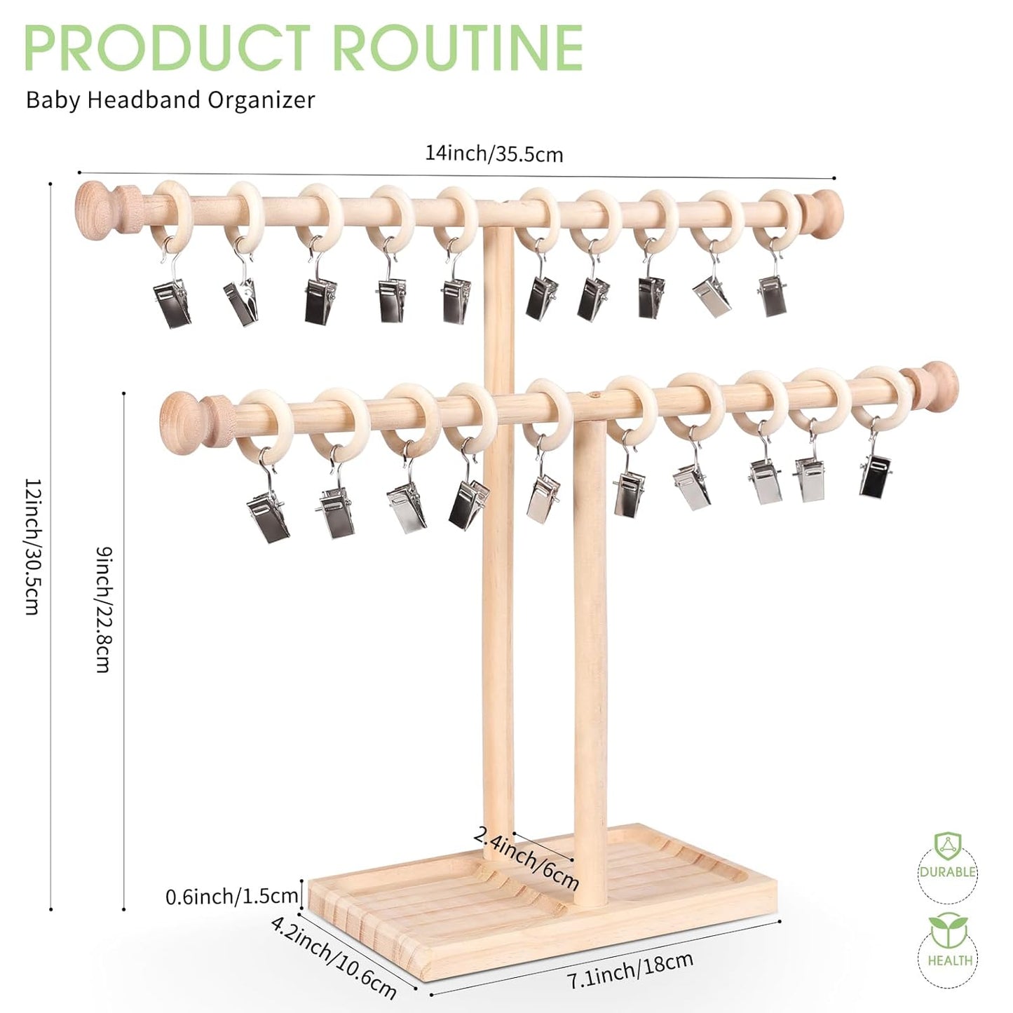 POVETIRE Headband Holder Stand Storage for Baby, 2 Tier Wooden Bow Organizer for Girls Hair Bows, Infant Hair Accessories Rack Display for Nursery Decor