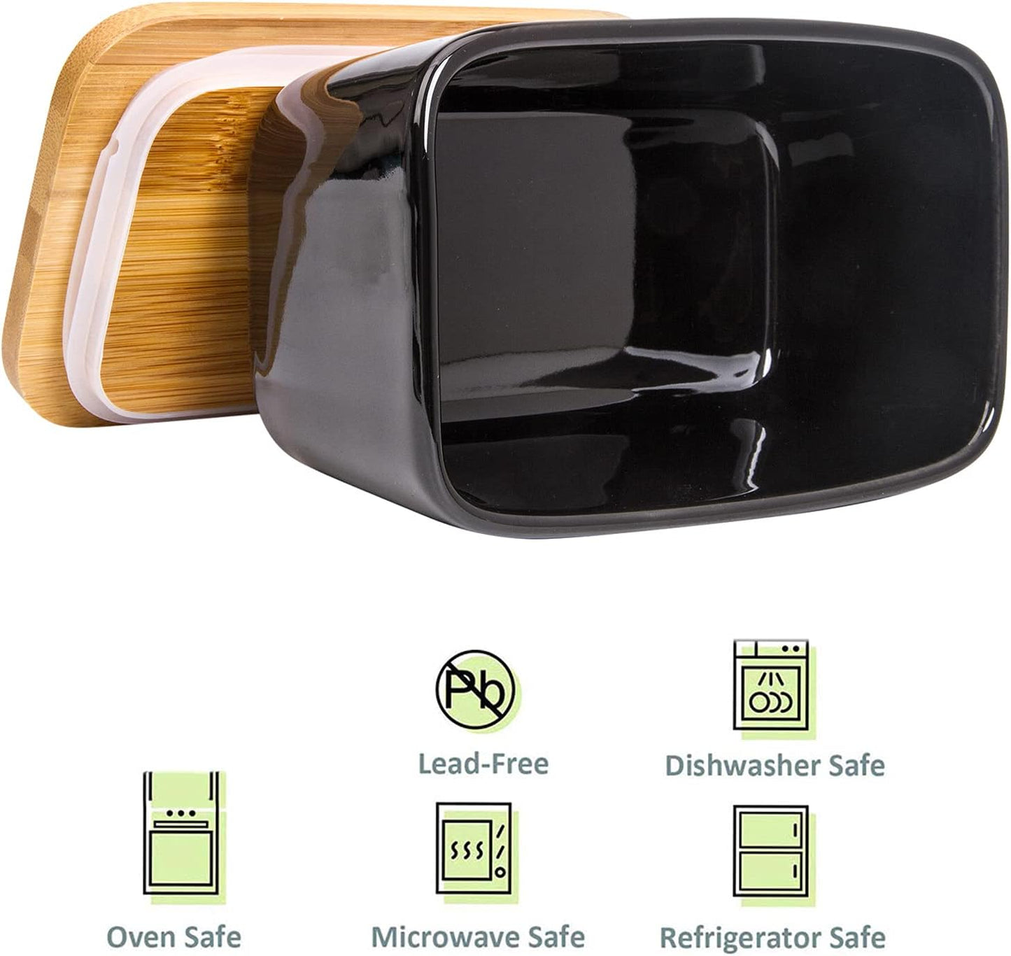 Butter Dish with Lid,Extra Large 650ml,Porcelain Keeper with Bamboo Lid Cover for 2 Sticks of Butter,Microwave Safe Easy Clean Butter Storage Container for Countertop Refrigerator (Black)