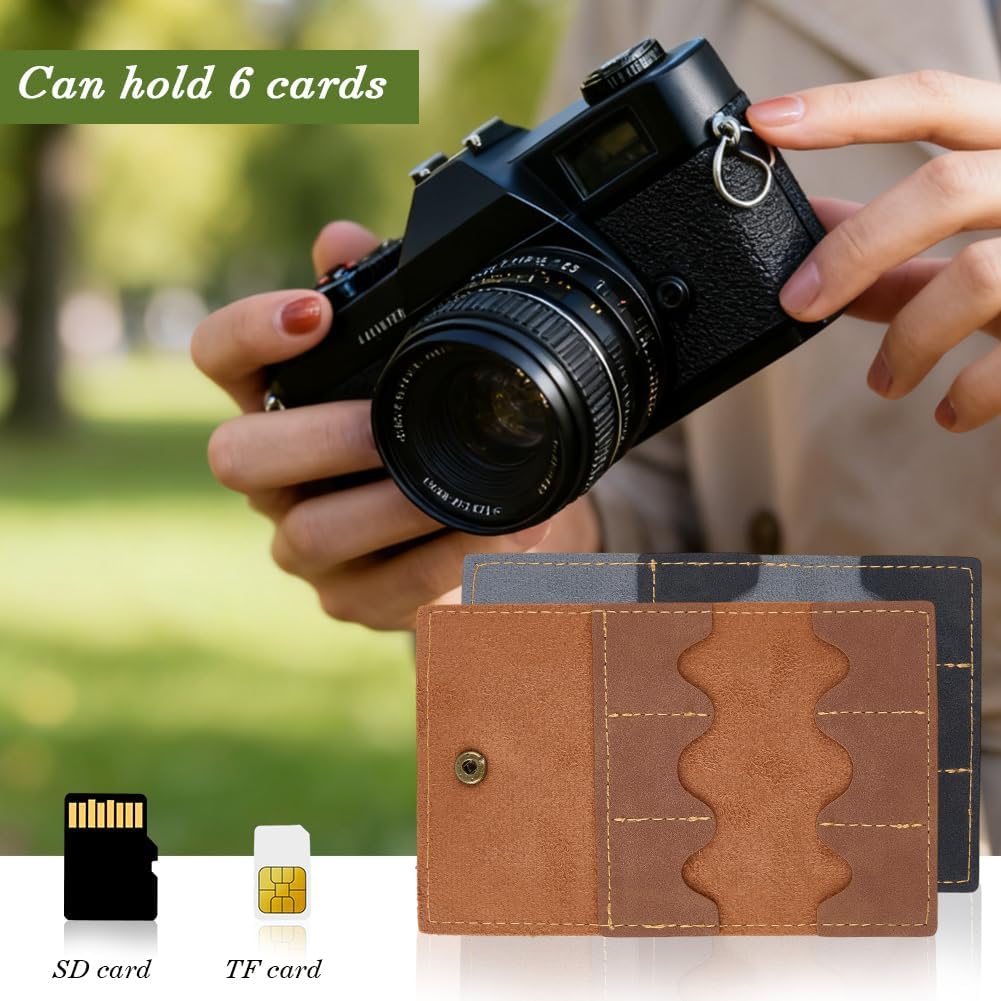 2PCS PU Leather Foldable Gaming Card Organizer Memory Card Holder with Metal Snap Button Portable Retro Leather Guitar Pick Case Micro SD Carry Cover for Travel Daily Storage CFexpress SIM