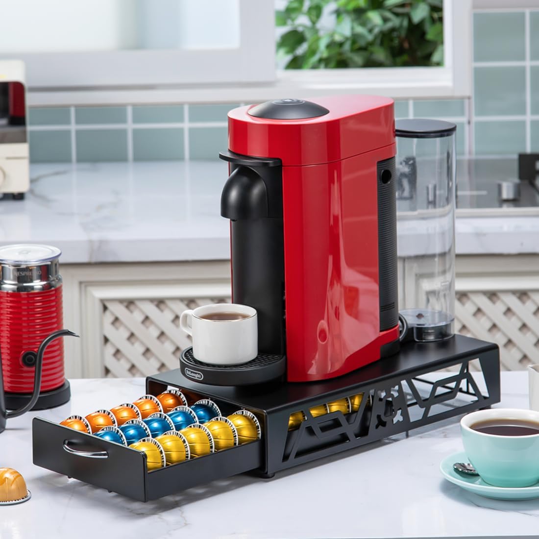 FlagShip Vertuo Pod Drawer Modern Black Metal Coffee Capsule Organizer & Space-Saving for Nespresso Pod Holder Coffee Machine Stand(30 Vertuo Pods Capacity)