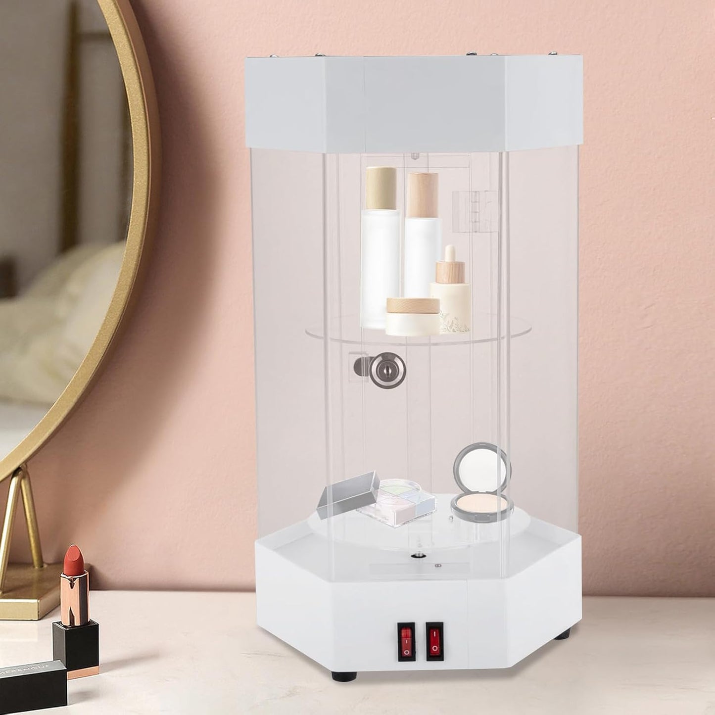LED Electric Rotating Acrylic Display Case, Jewelry Display Case, Free Standing Electric Rotating Display Case with Lock and Keys for Cosmetics Jewelry Watch Sunglasses White/Balck (White)