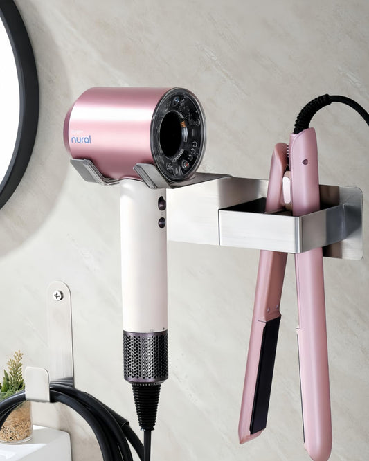 Hair Dryer Holder Wall Mounted, Hair Tool Organizer Wall Mount for Bathroom, Stainless Steel Hair Dryer Holder, Blow Dryer Holder Adhesive/Drilling Hair Dryer and Straightener Holder UEMUSI