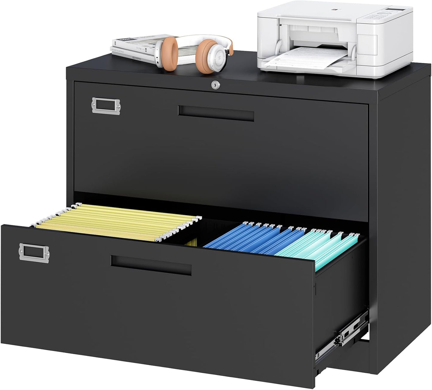 2 Drawer File Cabinet, Lateral Filing Cabinets for Home Office, Office Storage Drawers with Lock, Hanging Files Legal/Letter A4 Size (Assemble Required,Black)