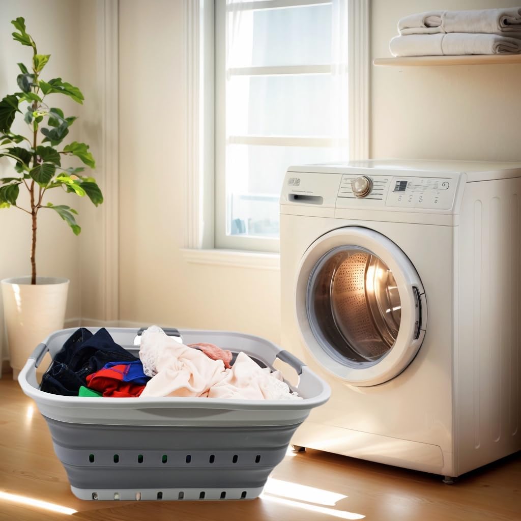 SAMMART 42L (11 gallon) Collapsible Plastic Laundry Basket - Foldable Pop Up Storage Container/Organizer - Portable Washing Tub - Space Saving Hamper/Basket (Grey/Dark Grey)