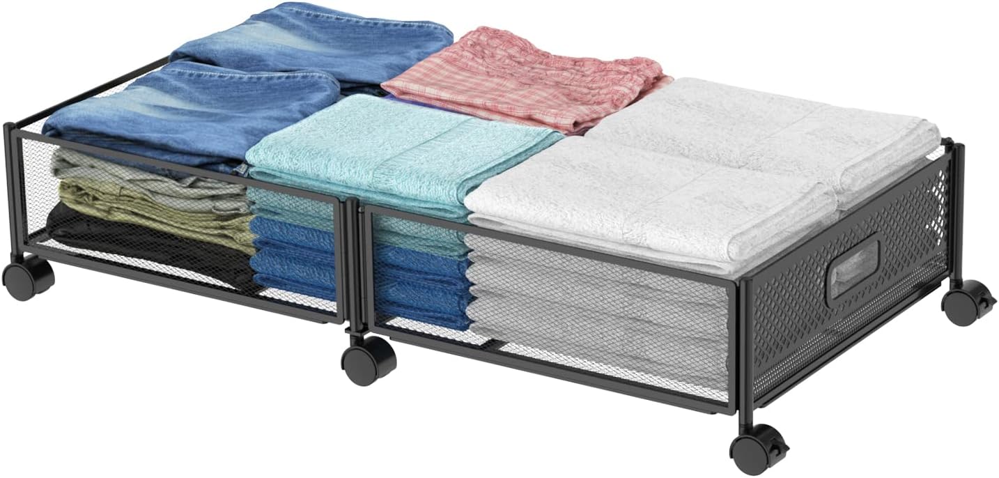 Under Bed Storage on Wheels, Upgraded 31.5 inch Large Rolling Under Bed Storage, Metal Foldable Underbed Drawers Organizer Tool-free Assembly Underbed Shoes Clothes Organize