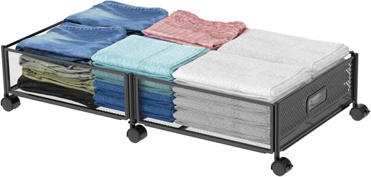 Under Bed Storage on Wheels, Upgraded 31.5 inch Large Rolling Under Bed Storage, Metal Foldable Underbed Drawers Organizer Tool-free Assembly Underbed Shoes Clothes Organize